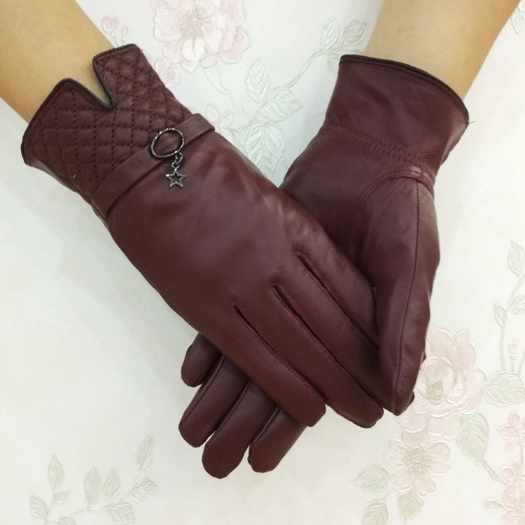 Outdoors Women Plaids Checks Genuine Leather Sheepskin Motorcycles Gloves Winter Cashmere - Dark Red