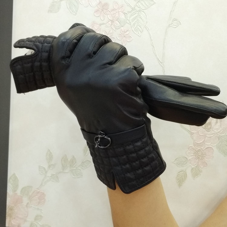Outdoors Women Plaids Checks Genuine Leather Sheepskin Motorcycles Gloves Winter Cashmere - Dark Red