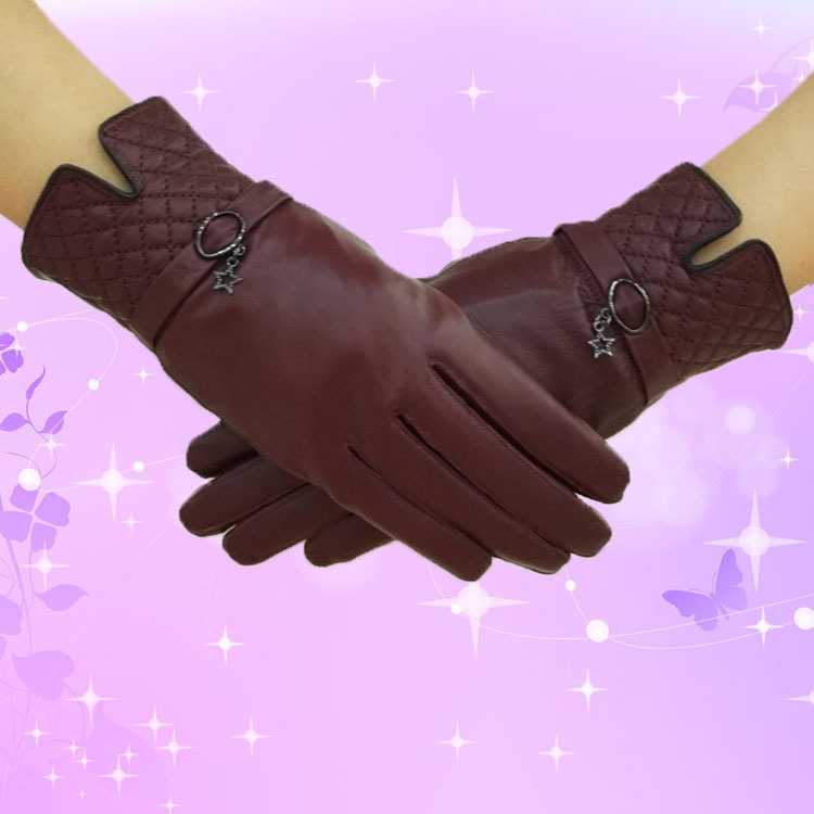 Outdoors Women Plaids Checks Genuine Leather Sheepskin Motorcycles Gloves Winter Cashmere - Dark Red