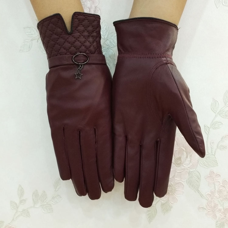 Outdoors Women Plaids Checks Genuine Leather Sheepskin Motorcycles Gloves Winter Cashmere - Dark Red