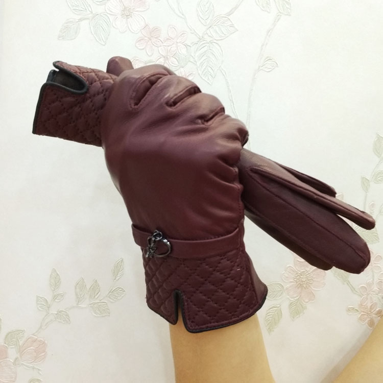 Outdoors Women Plaids Checks Genuine Leather Sheepskin Motorcycles Gloves Winter Cashmere - Dark Red