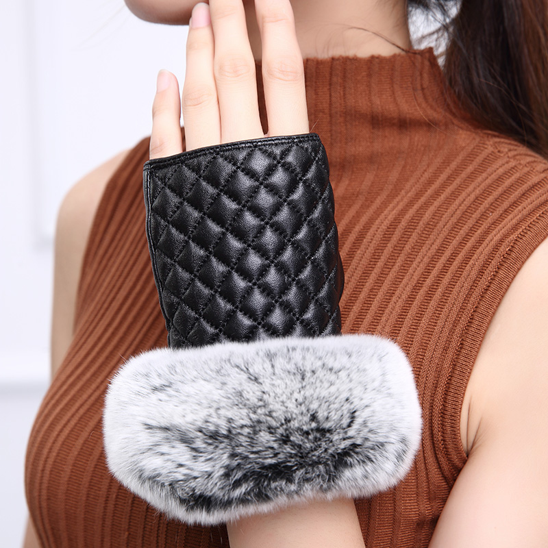 Rabbit Fur Women Plaids Checks Genuine Leather Sheepskin Finger Gloves Keep Warm - Black