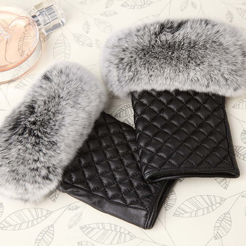 Rabbit Fur Women Plaids Checks Genuine Leather Sheepskin Finger Gloves Keep Warm - Black