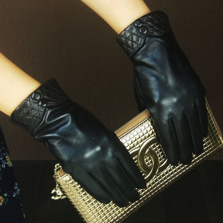 Touch Women Plaids Checks Genuine Leather Sheepskin Cycling Gloves Winter Cashmere - Black
