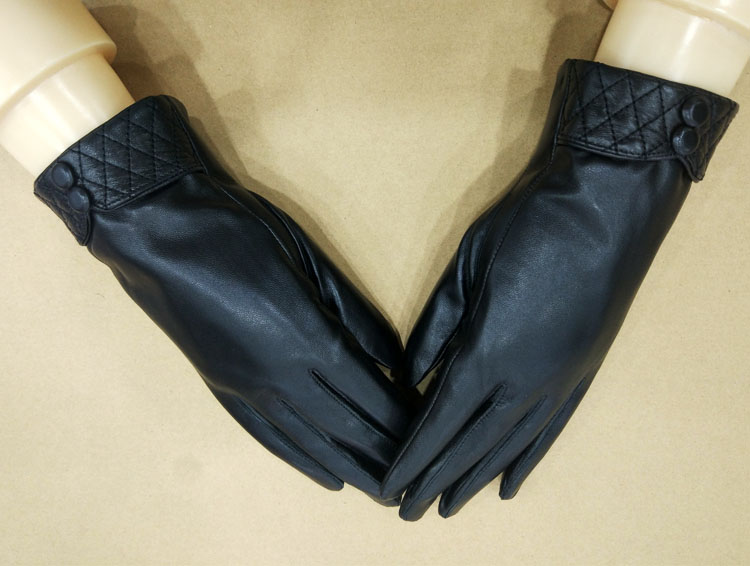 Touch Women Plaids Checks Genuine Leather Sheepskin Cycling Gloves Winter Cashmere - Black