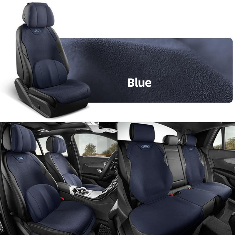 Automobile Half Surround Suede Real Leather Breathable Front & Rear Car Seat Cover Truck Seat Cushion 9pcs For Ford F-150 - Blue