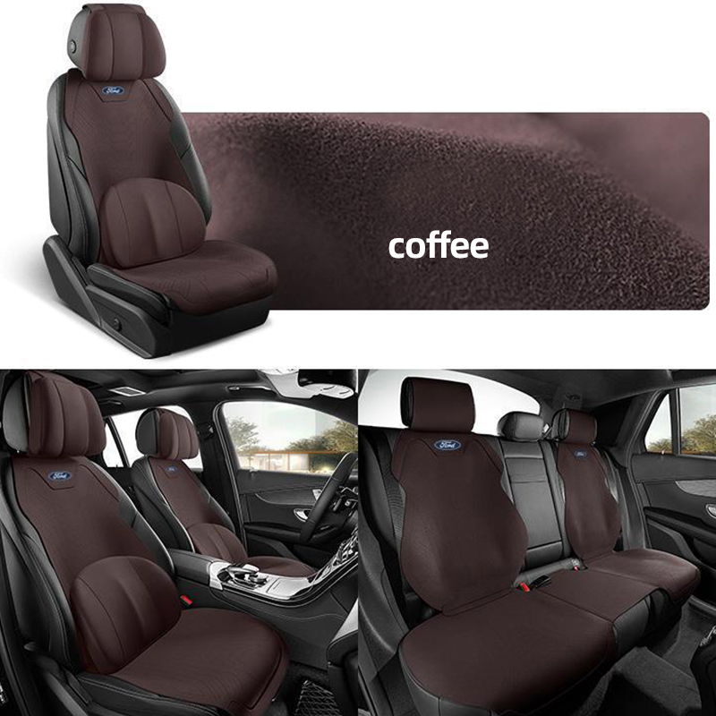 Automobile Half Surround Suede Real Leather Breathable Front & Rear Car Seat Cover Truck Seat Cushion 9pcs For Ford F-150 - Coffee