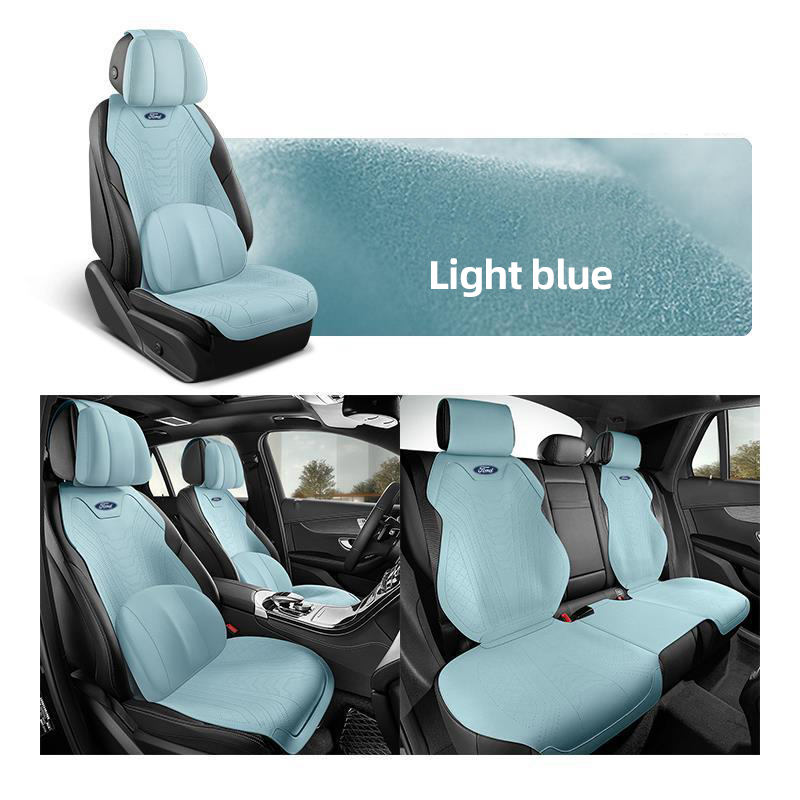 Automobile Half Surround Suede Real Leather Breathable Front & Rear Car Seat Cover Truck Seat Cushion 9pcs For Ford F-150 - Light Blue
