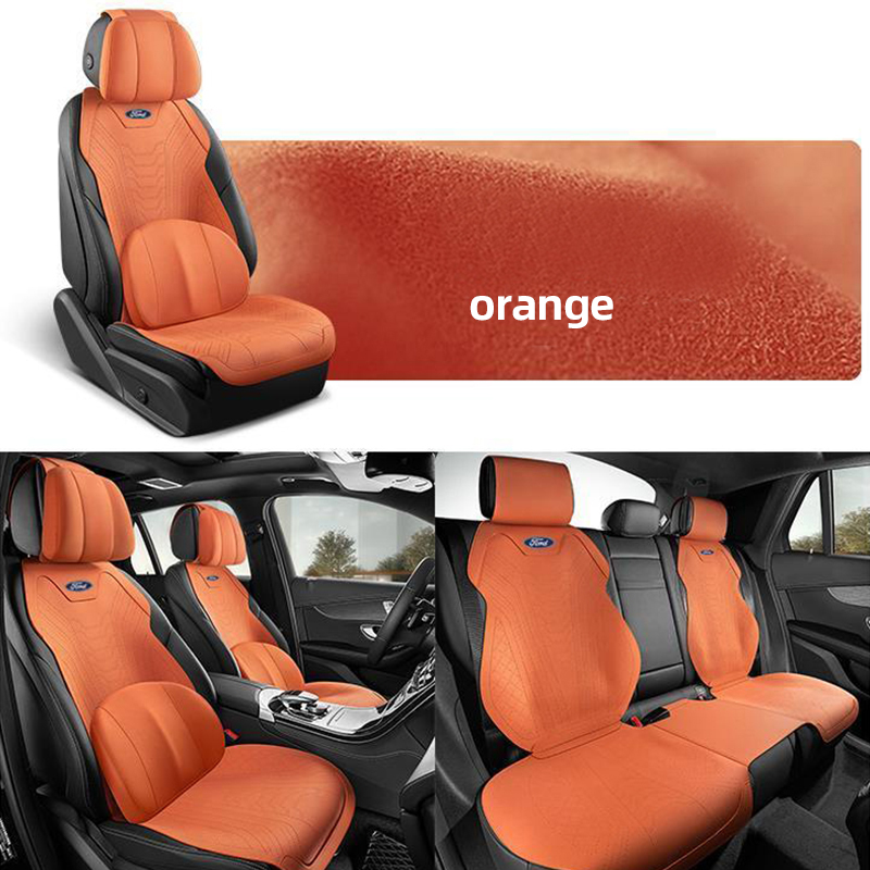 Automobile Half Surround Suede Real Leather Breathable Front & Rear Car Seat Cover Truck Seat Cushion 9pcs For Ford F-150 - Orange