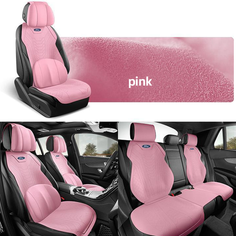 Automobile Half Surround Suede Real Leather Breathable Front & Rear Car Seat Cover Truck Seat Cushion 9pcs For Ford F-150 - Pink