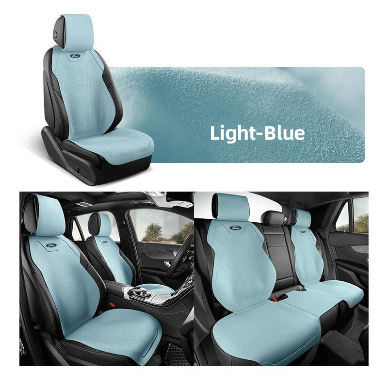 Automotive Half Surround Suede Real Leather Breathable Front & Rear Car Seat Cover Truck Seat Cushion For Ford F-150 - Light Blue