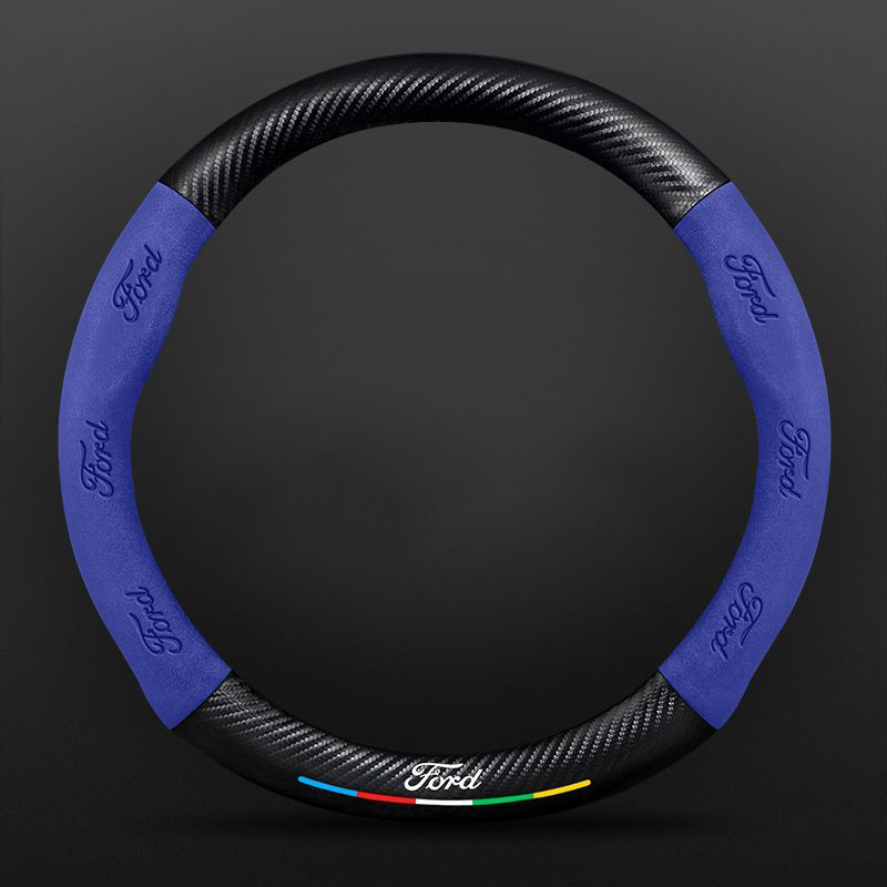 Car Steering Wheel Cover Automotive Interior 3D Embossing Of Suede + Carbon Fiber Leather For Ford F-150 - Blue