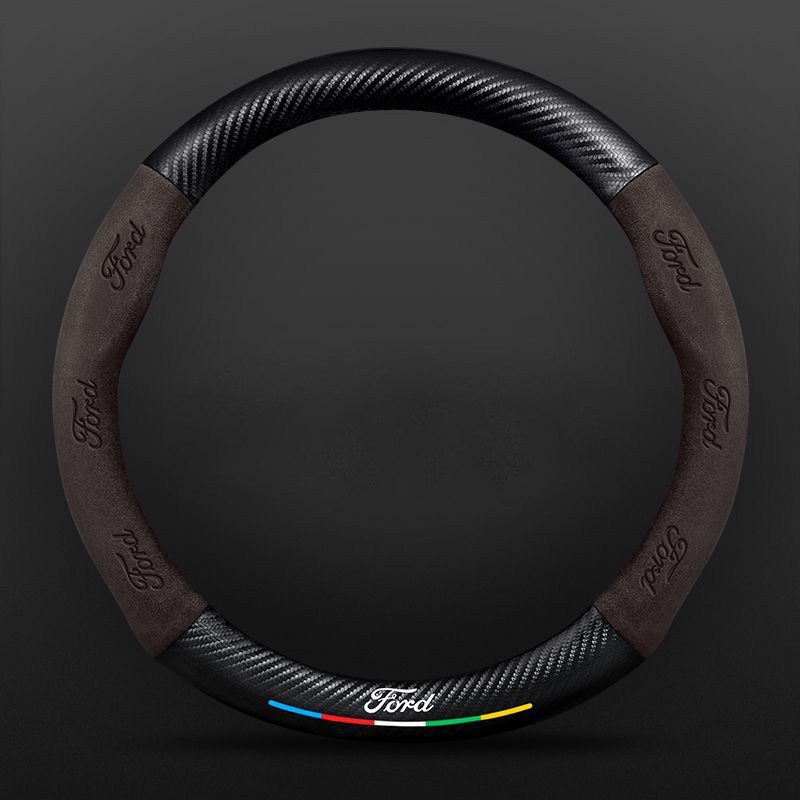 Car Steering Wheel Cover Automotive Interior 3D Embossing Of Suede + Carbon Fiber Leather For Ford F-150 - Brown