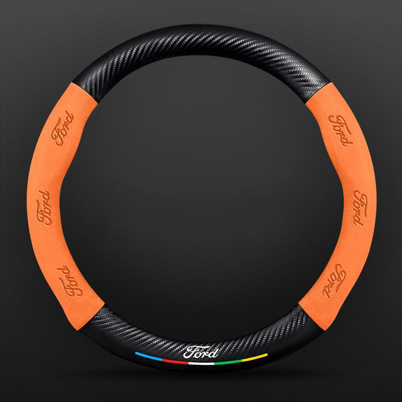 Car Steering Wheel Cover Automotive Interior 3D Embossing Of Suede + Carbon Fiber Leather For Ford F-150 - Orange