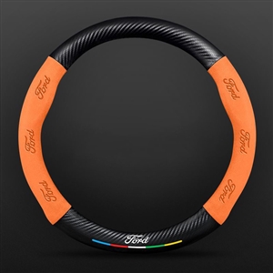 Car Steering Wheel Cover Automotive Interior 3D Embossing Of Suede + Carbon Fiber Leather For Ford F-150 - Orange