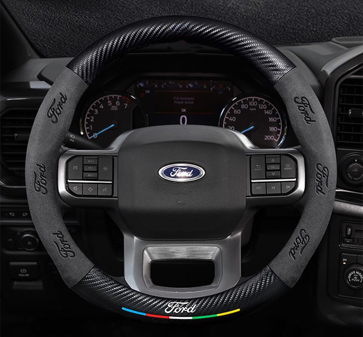 Car Steering Wheel Cover Automotive Interior 3D Embossing Of Suede + Carbon Fiber Leather For Ford F-150 - Red