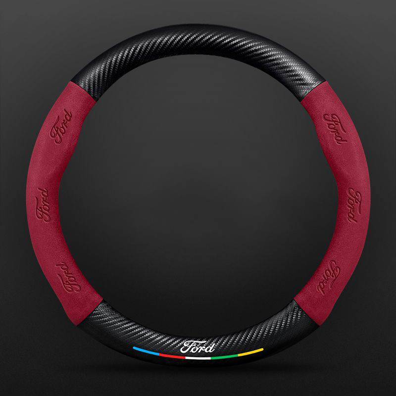 Car Steering Wheel Cover Automotive Interior 3D Embossing Of Suede + Carbon Fiber Leather For Ford F-150 - Red