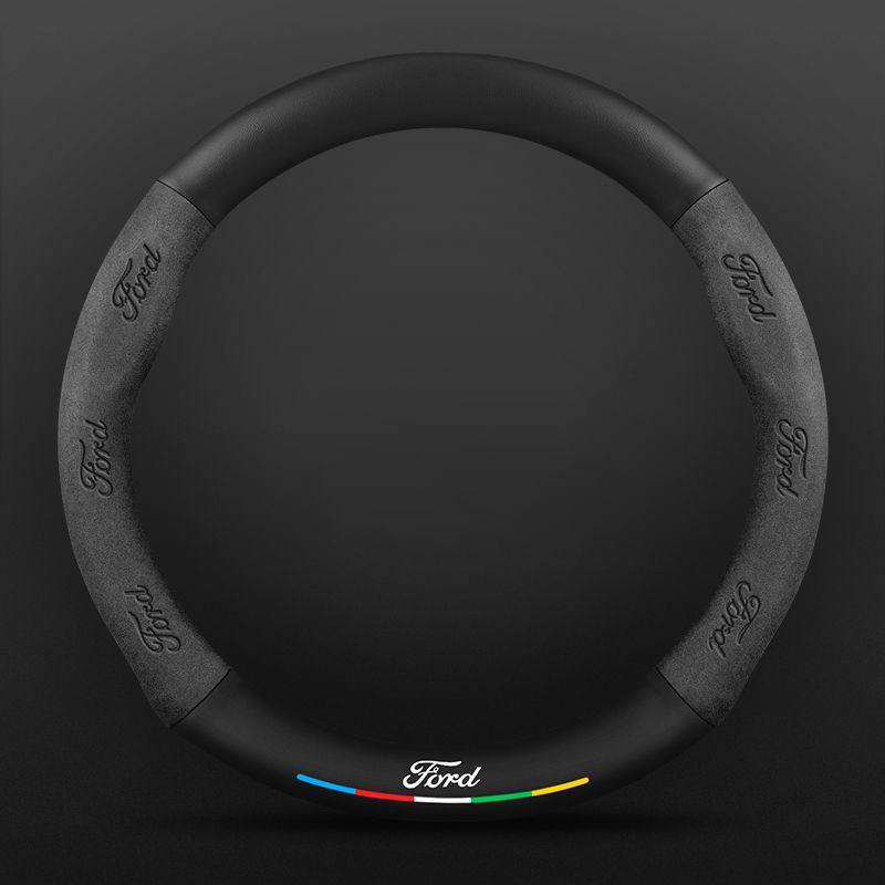 Car Steering Wheel Cover Automotive Interior 3D Embossing Of Suede + Genuine Leather For Ford F-150 - Black