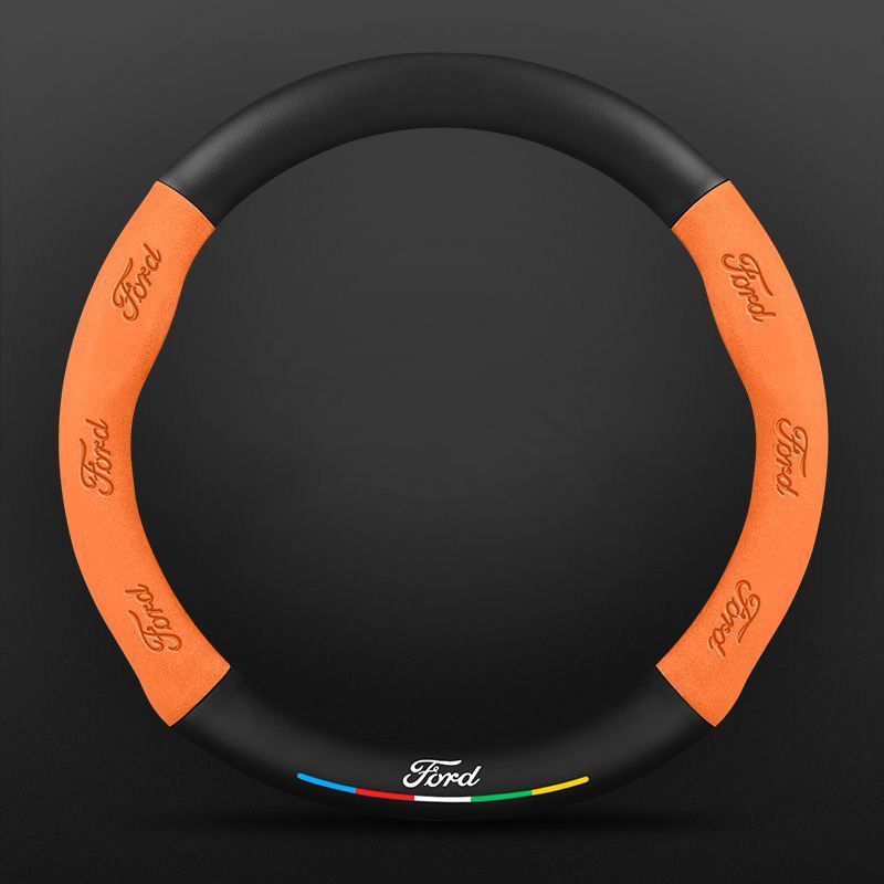 Car Steering Wheel Cover Automotive Interior 3D Embossing Of Suede + Genuine Leather For Ford F-150 - Orange
