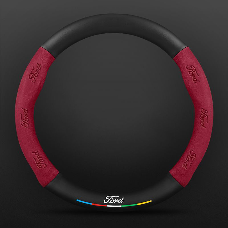 Car Steering Wheel Cover Automotive Interior 3D Embossing Of Suede + Genuine Leather For Ford F-150 - Red
