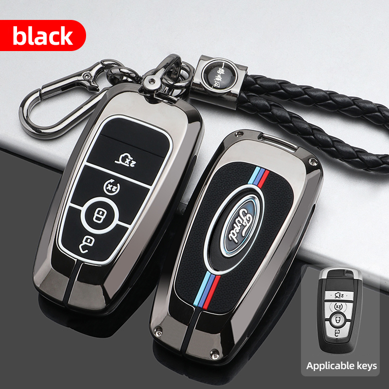 Metal Auto Zinc Alloy Automobile Key Bags Protect Men Truck Key Covers For Ford F-150 - Black + Woven keychain