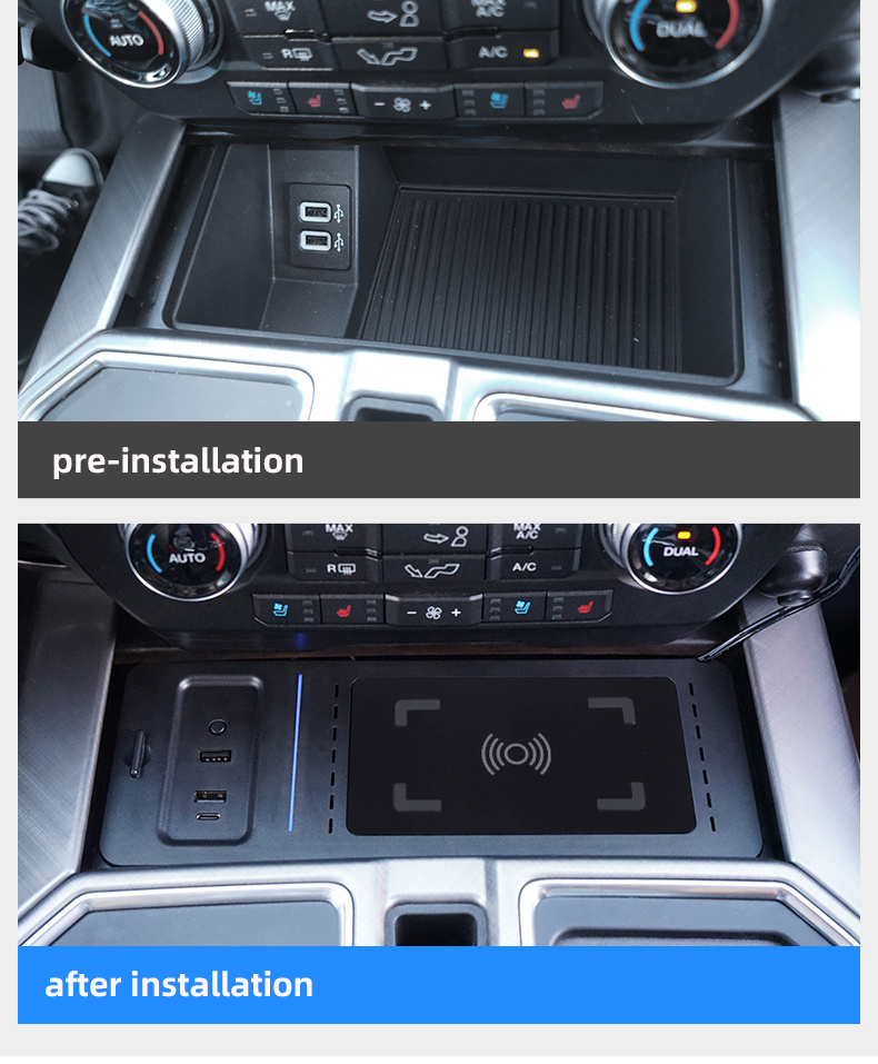 Original ABS Car Mobile Phone Wireless Charger 18W Auto Modification Upgrade QC3.0 PD Atmosphere Light For Ford F-150 - Black