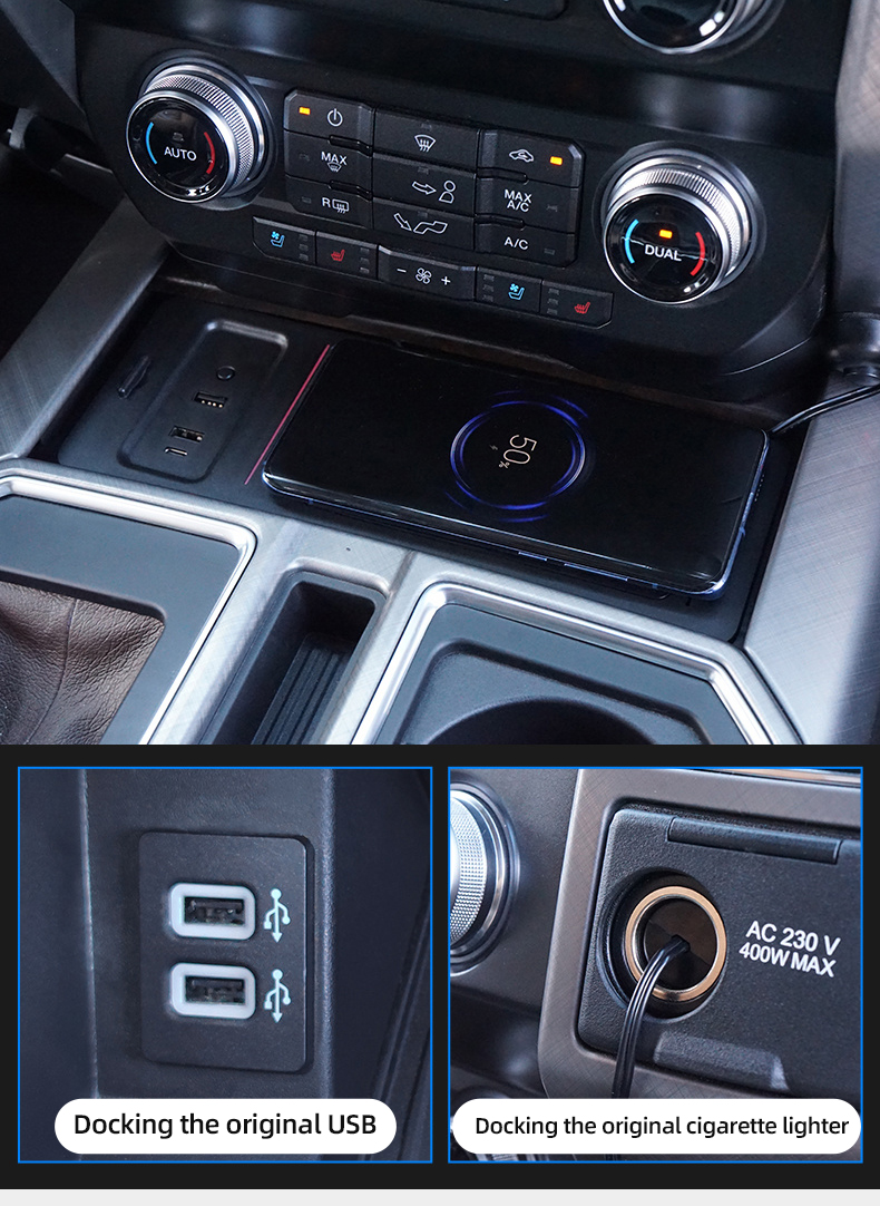 Original ABS Car Mobile Phone Wireless Charger 18W Auto Modification Upgrade QC3.0 PD Atmosphere Light For Ford F-150 - Black