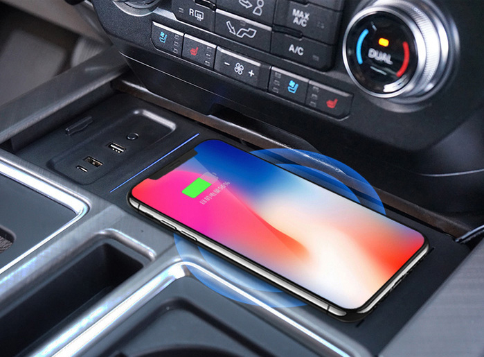 Original ABS Car Mobile Phone Wireless Charger 18W Auto Modification Upgrade QC3.0 PD Atmosphere Light For Ford F-150 - Black