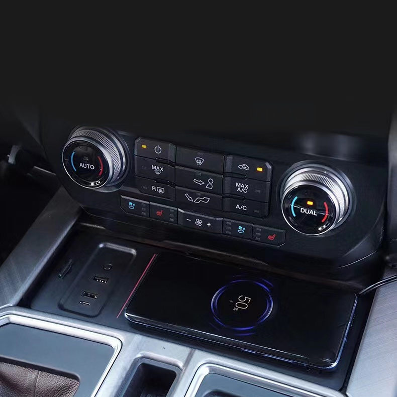 Original ABS Car Mobile Phone Wireless Charger 18W Auto Modification Upgrade QC3.0 PD Atmosphere Light For Ford F-150 - Black