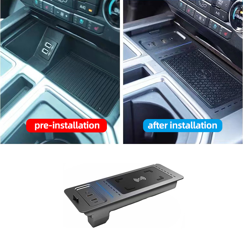 Original ABS Car Mobile Phone Wireless Charger 18W Auto Modification Upgrade QC3.0 PD Atmosphere Light For Ford F-150 - Black