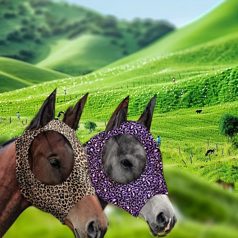 2PCS Leopard Print Spandex Mosquito Repellent Summer Breathable Horse Fly Mask With Ears Horse Supplies - Brown + Purple