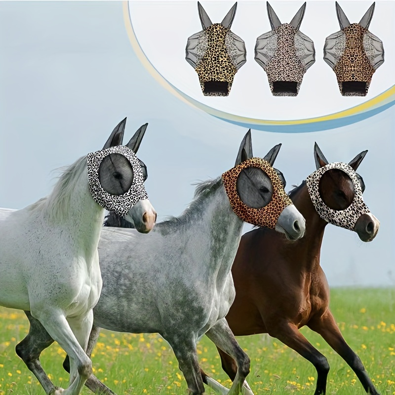2PCS Leopard Print Spandex Mosquito Repellent Summer Breathable Horse Fly Mask With Ears Horse Supplies - Brown + Purple