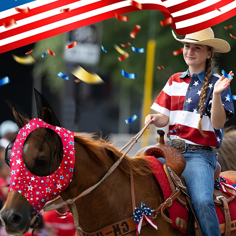 2PCS Stretch Lycra Mosquito Repellent Summer Breathable Horse Fly Mask With Ears Mesh Rugged Horse Supplies - Stripe Red + Blue