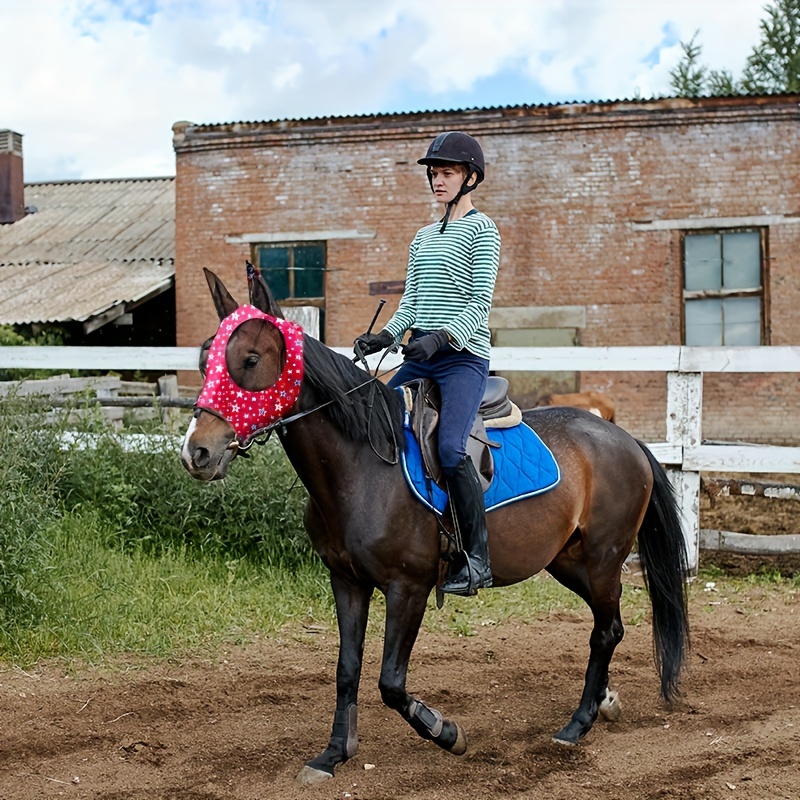 2PCS Stretch Lycra Mosquito Repellent Summer Breathable Horse Fly Mask With Ears Mesh Rugged Horse Supplies - Stripe Red + Blue