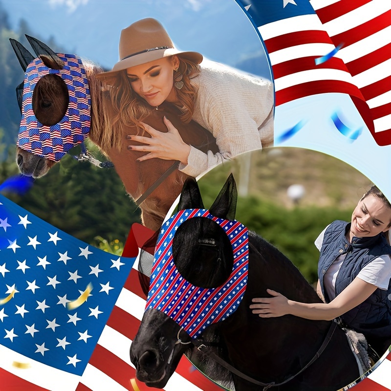 2PCS Stretch Lycra Mosquito Repellent Summer Breathable Horse Fly Mask With Ears Mesh Rugged Horse Supplies - Stripe Red + Blue