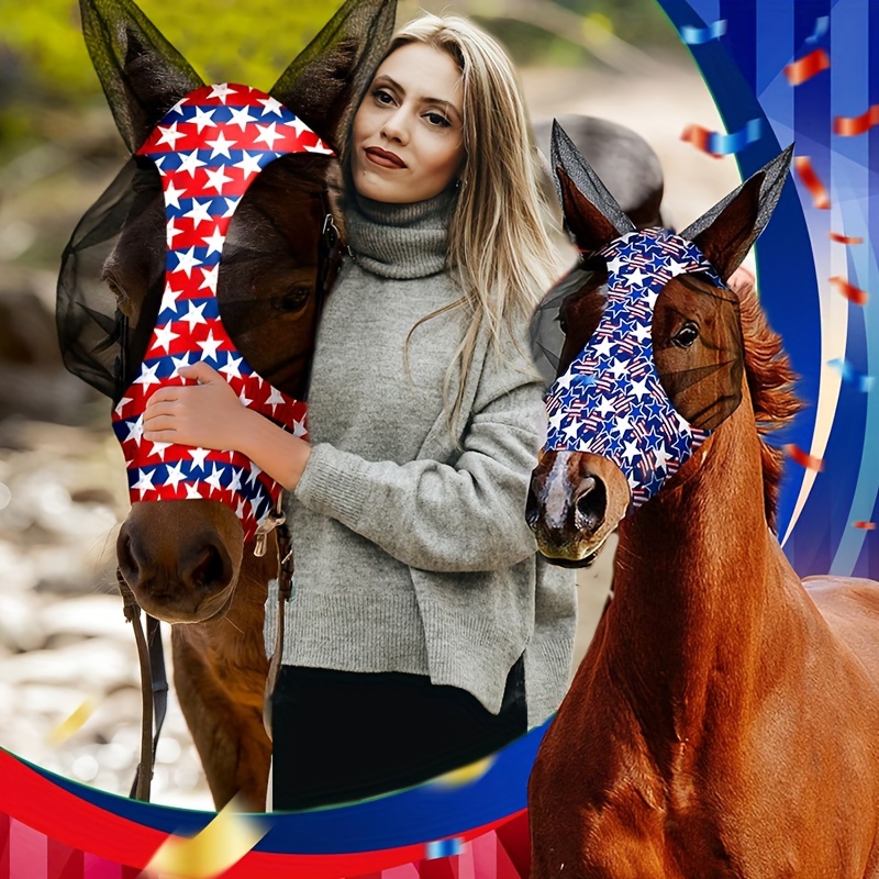 2PCS Stretch Lycra Mosquito Repellent Summer Breathable Horse Fly Mask With Ears Mesh Rugged Horse Supplies - Stripe Red + Blue