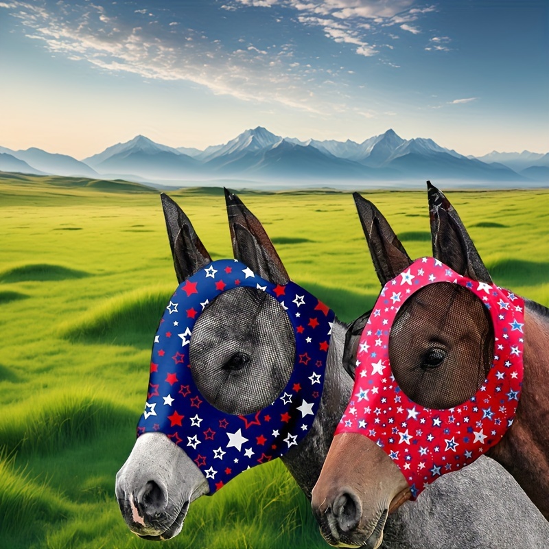 2PCS Stretch Lycra Mosquito Repellent Summer Breathable Horse Fly Mask With Ears Mesh Rugged Horse Supplies - Star Red + Blue