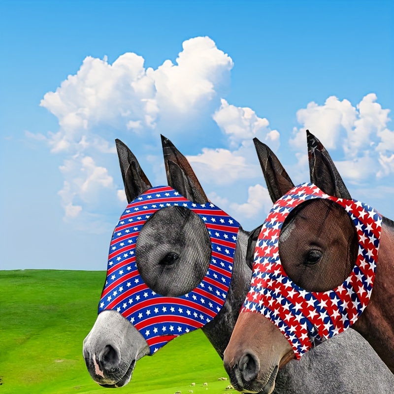 2PCS Stretch Lycra Mosquito Repellent Summer Breathable Horse Fly Mask With Ears Mesh Rugged Horse Supplies - Stripe Red + Blue