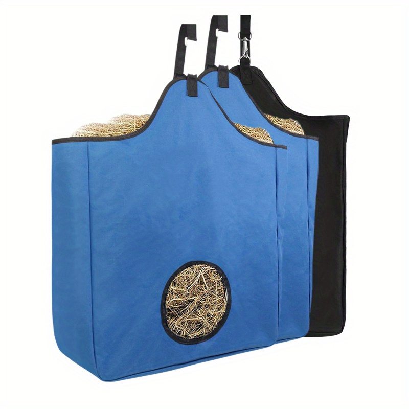 3 Packs Goat Hay Feeder Hay Bags Goats Horses Sheep Premium 600D Oxford Cloth Fastener Adjustable Feeding - 2Blue + 1Black