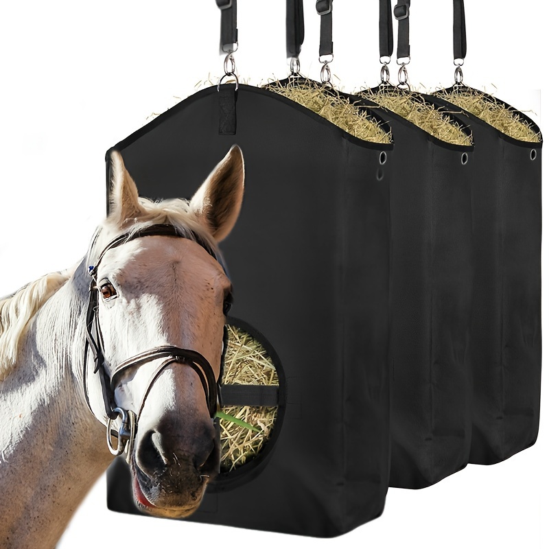 3 Packs Goat Hay Feeder Hay Bags Goats Horses Sheep Premium 600D Oxford Cloth Fastener Adjustable Feeding - 3Black