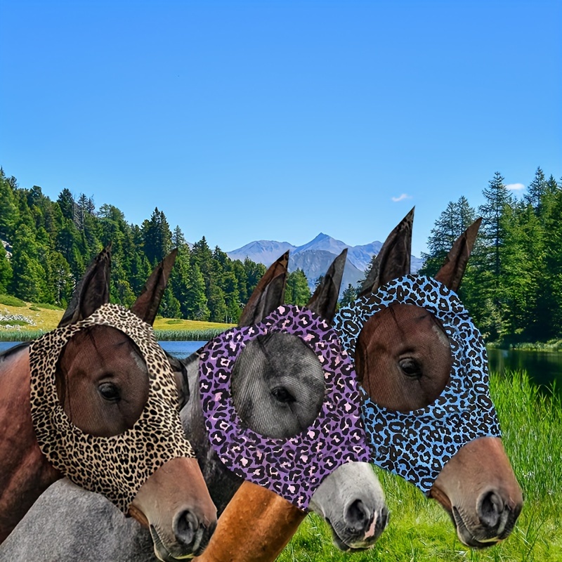 3PCS Stretch Lycra Mosquito Repellent Summer Breathable Horse Fly Mask With Ears Mesh Rugged - Blue + Purple + Brown