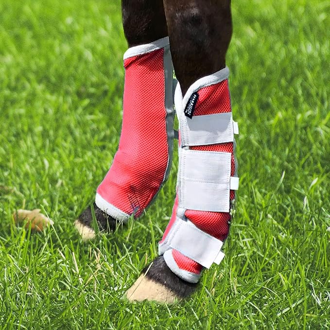 Adjustable Horse Leg Boots Breathable Neoprene Equine Guards Insect-Repellent Wraps Reduced Fatigue Equestrian Gear - Red