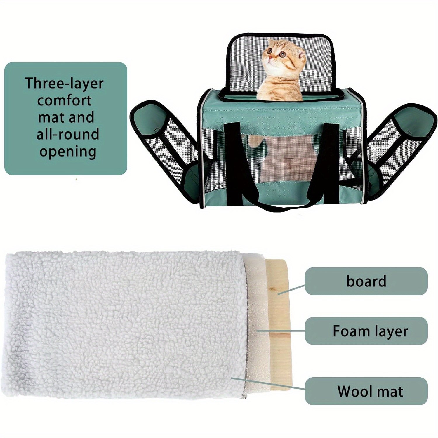 Airline Approved Pet Handbag Ventilate Durable Polyester Zipper Closure For Cats Dogs Bags Container Bag Travel Outdoor - Green