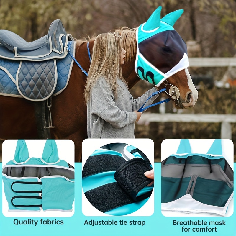 Best Lycra Mosquito Repellent Summer Breathable Horse Fly Mask With Ears Comfortable Mesh Rugged Ride Horse Supplies - Blue