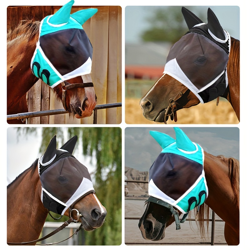 Best Lycra Mosquito Repellent Summer Breathable Horse Fly Mask With Ears Comfortable Mesh Rugged Ride Horse Supplies - Blue