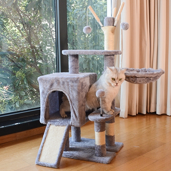 Cat Tree House Towers Cat Post Climber Tree Cat Condo Scratching Post Climbing Frame Cat Post Climbing Shelf - Grey