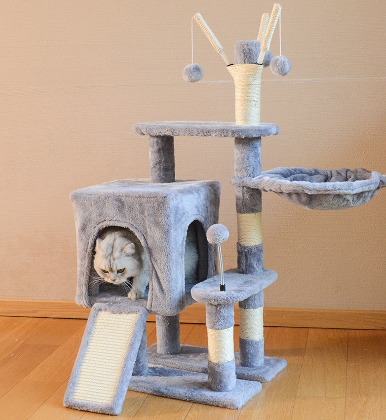 Cat Tree House Towers Cat Post Climber Tree Cat Condo Scratching Post Climbing Frame Cat Post Climbing Shelf - Grey