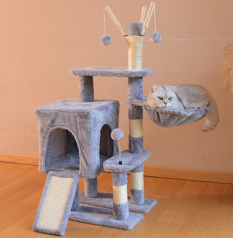 Cat Tree House Towers Cat Post Climber Tree Cat Condo Scratching Post Climbing Frame Cat Post Climbing Shelf - Grey