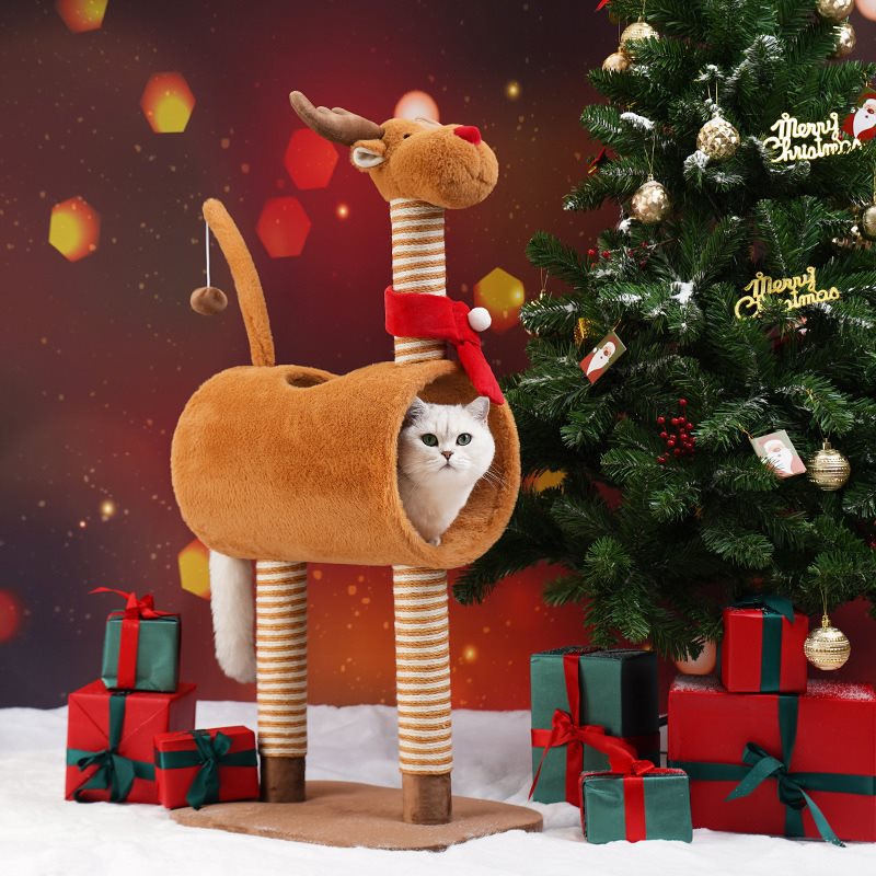 Christmas Elk Cat Tree Small Cat Tower Cats Climbing Tree Cat Condo Cats Nest Scratch Posts kitten Essentials Cat Climber - Brown