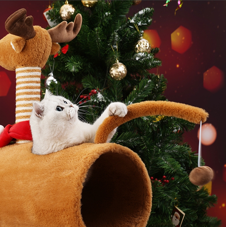 Christmas Elk Cat Tree Small Cat Tower Cats Climbing Tree Cat Condo Cats Nest Scratch Posts kitten Essentials Cat Climber - Brown